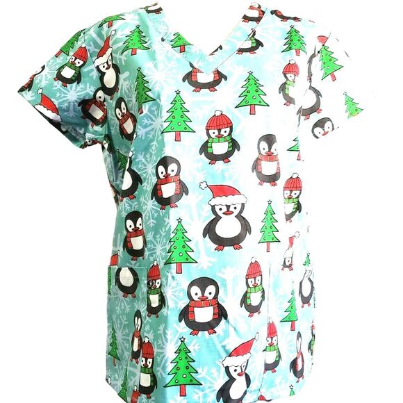 Gabby Brooke Holiday Winter Penguin Scrub Top Size S Pockets NEW Blue & Green - Picture 1 of 12